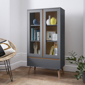 Modern Display Cabinet in Grey with Pine Legs
