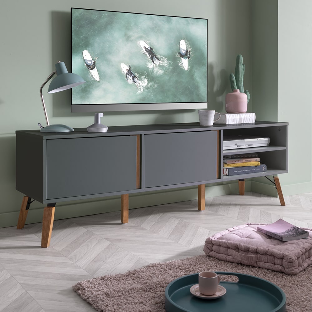Grey TV Unit With Pine Legs