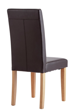 Solid wood dining chairs with dark legs and brown faux leather seats