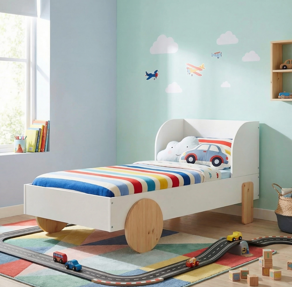 Toddler Car Bed in White & Natural Pine