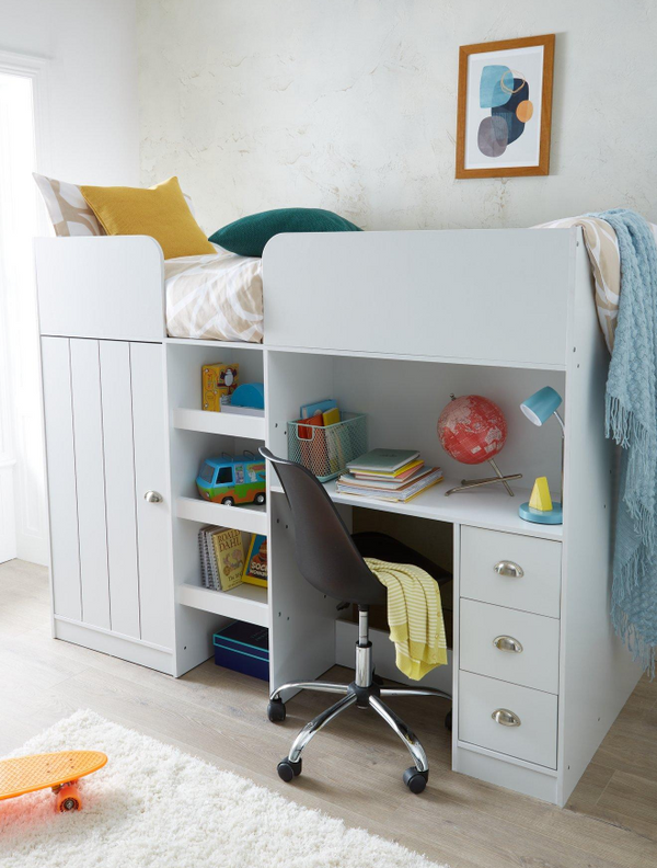 Atlanta High Sleeper with Desk, Drawers - White VJEII