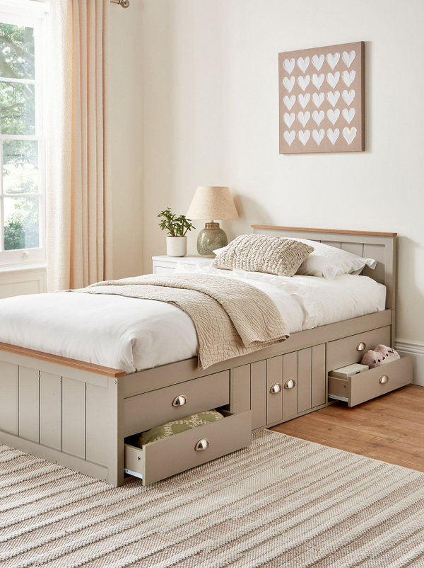 Atlanta Kids Single Bed with Drawer and Cupboard Storage plus Mattress Options - Light Grey/Oak W8BDG