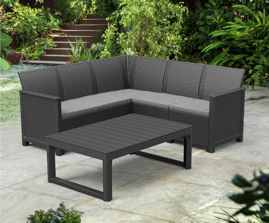 Keter Elodie 5 Seater Rattan Effect Garden Corner Sofa Set 15812671