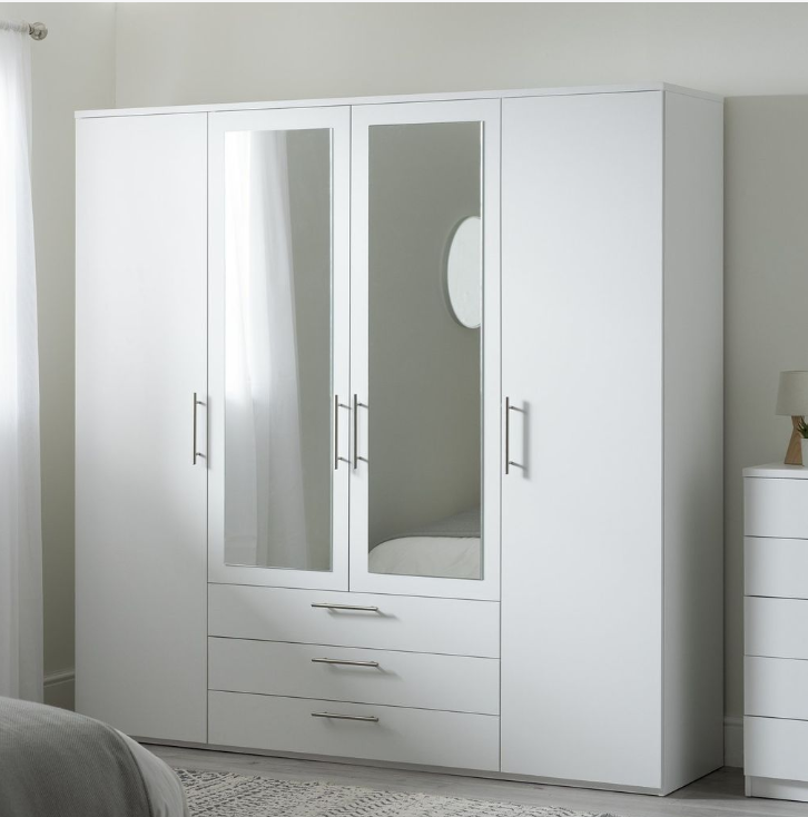 Brisbane 4 Door 3 Drawer Mirror Wardrobe - White 15822551