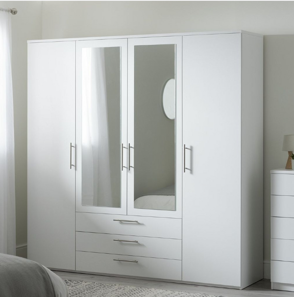 Brisbane 4 Door 3 Drawer Mirror Wardrobe - White 15822551