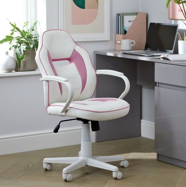 Faux Leather Mid Back Gaming Chair - White & Pink 13429963