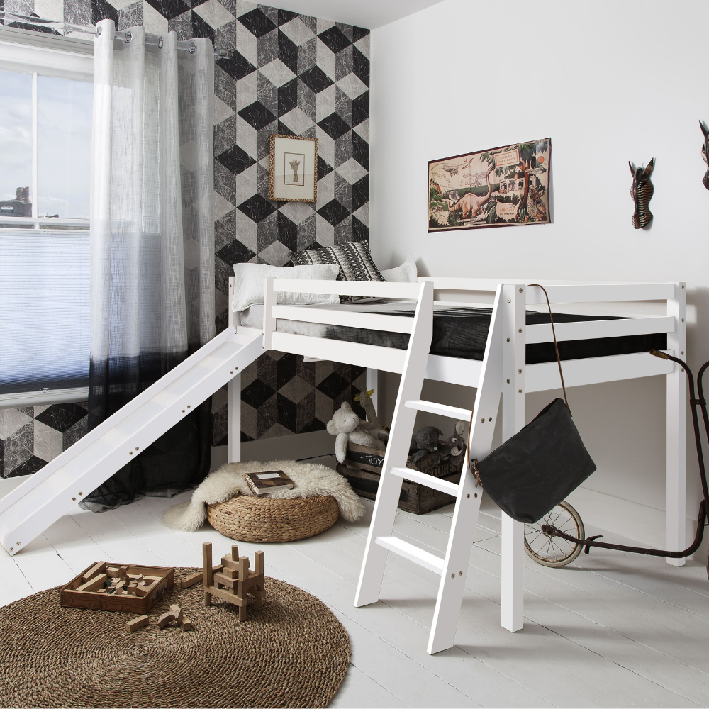 White Midsleeper Cabin Bed with Slide with a Pink or Blue Tent