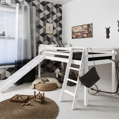 White Midsleeper Cabin Bed with Slide with a Pink or Blue Tent