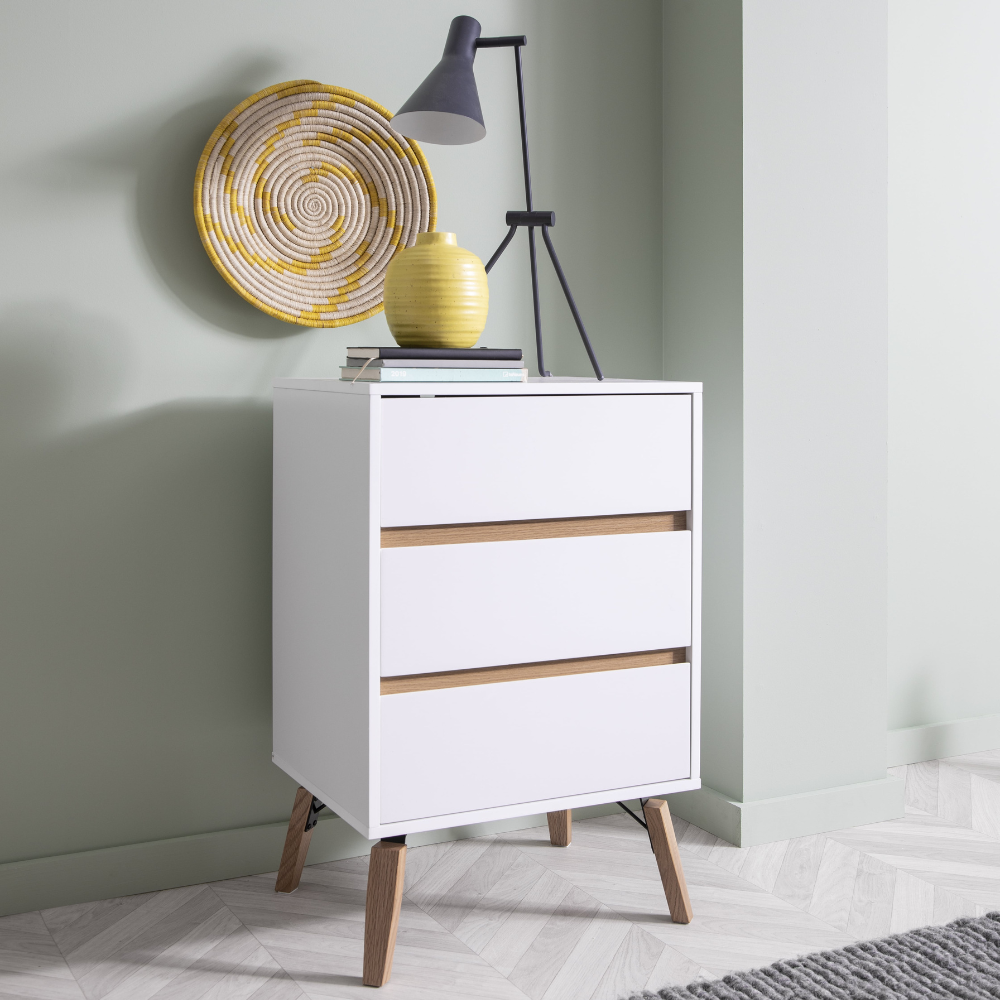White 3 Drawer chest Table With Pine Legs