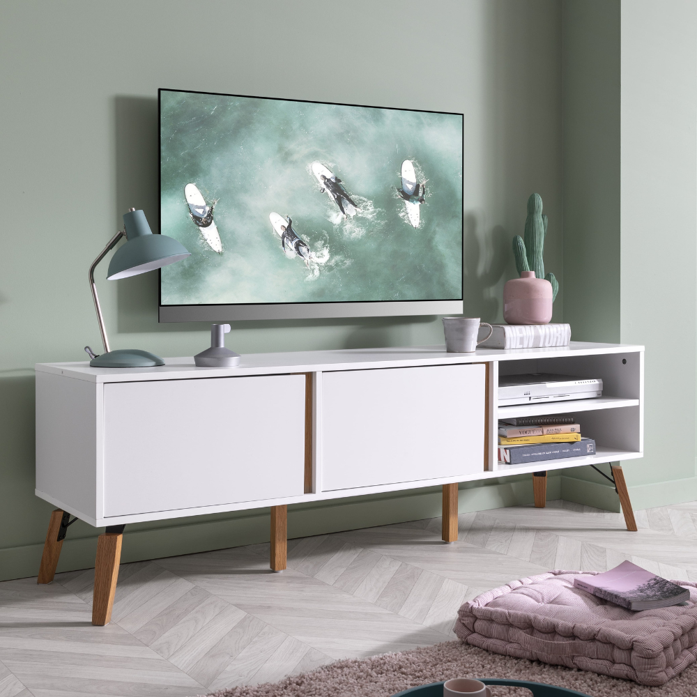 White TV Unit With Pine Legs