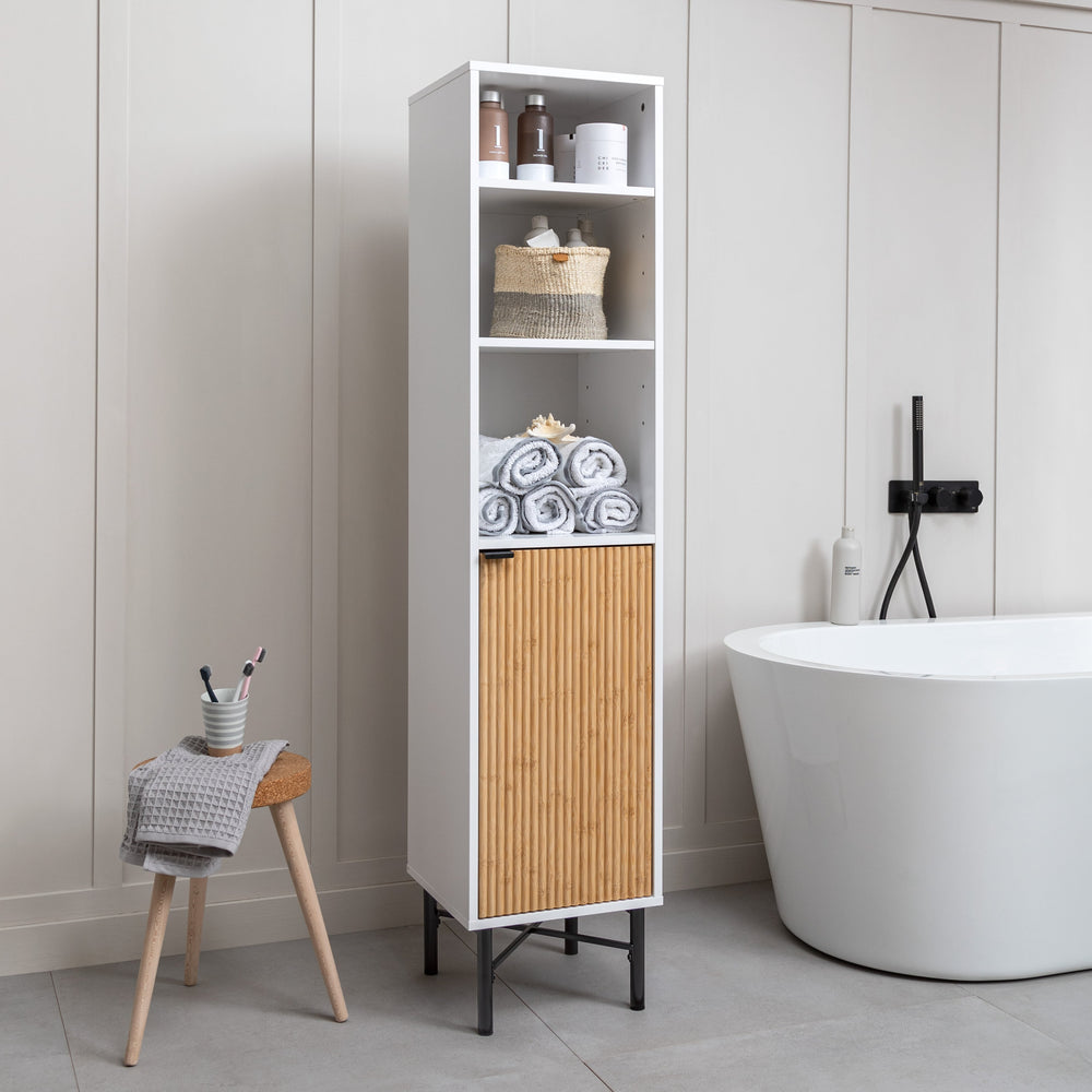 Bathroom Tallboy in White with Bamboo Effect Door